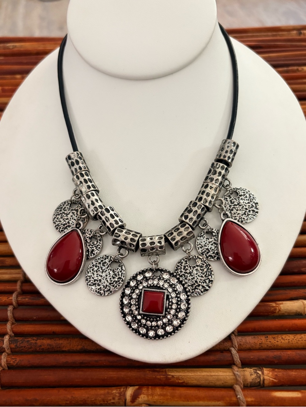 Premier Designs Silver-Tone Necklace Red Teardrops Jeweled Medallion 16” -20”